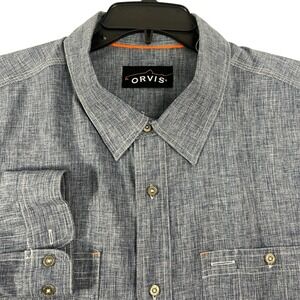Orvis Shirt Mens Denim‎ 2XL Blue Woven Polyester Long Sleeve Fishing Outdoor